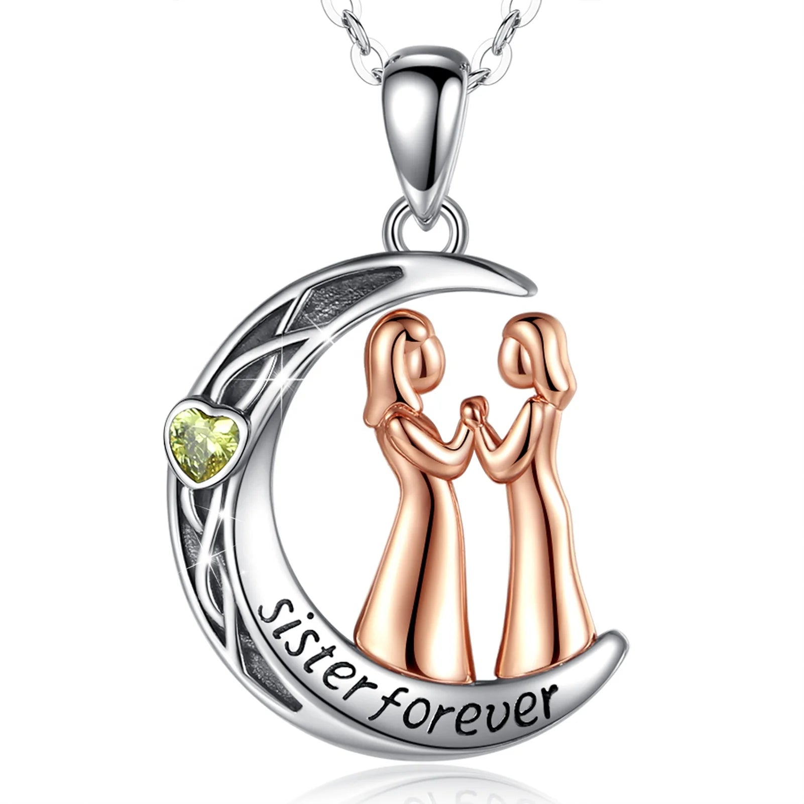 Isunni Crescent Moon 2 Sisters Heart Zirconia Pendant Necklace for Sister Birthday Gift