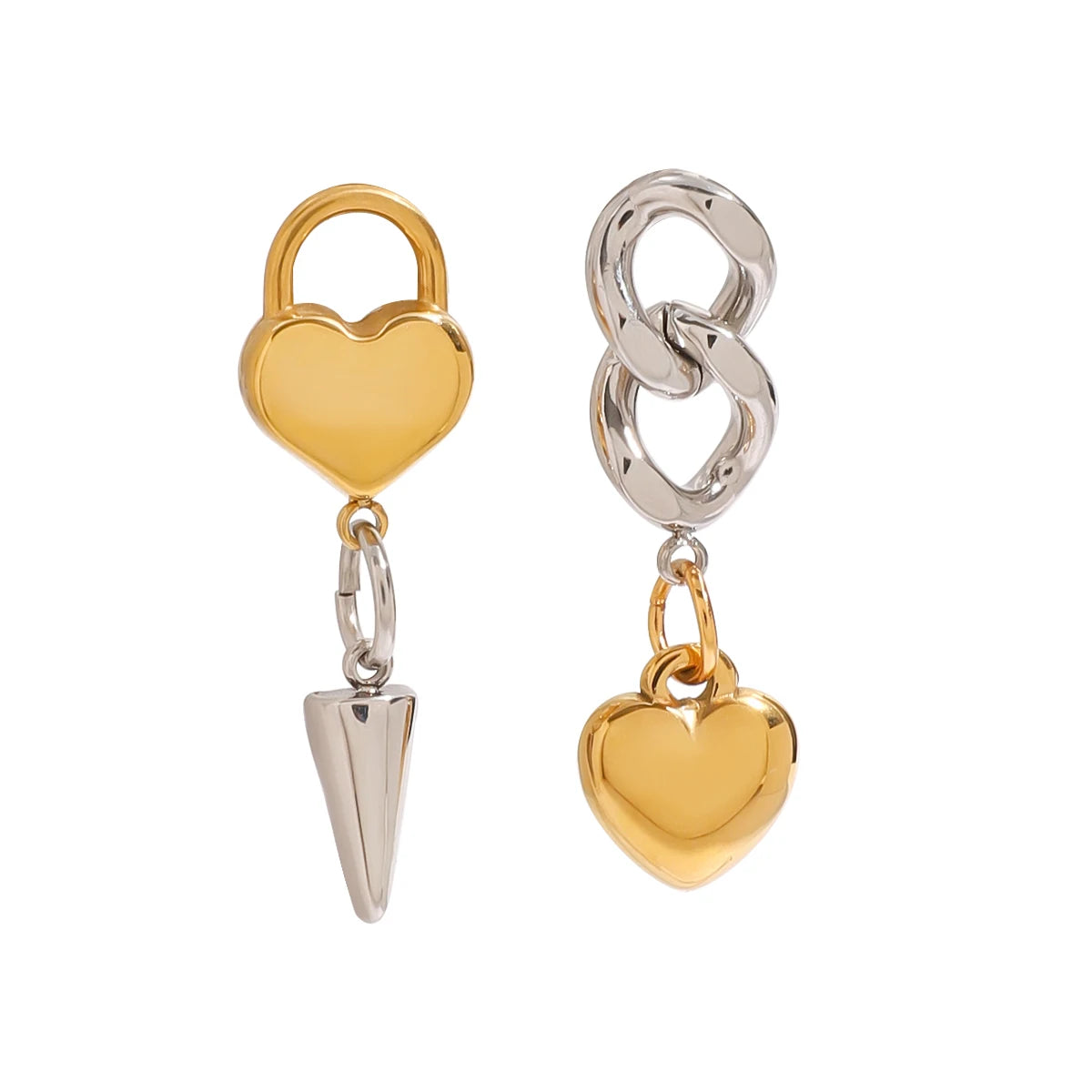 N&S 18K Gold Stainless Steel Two-Tone Heart Lock Earrings with Cone and Chain AB Style Fashion Dangle Pairs