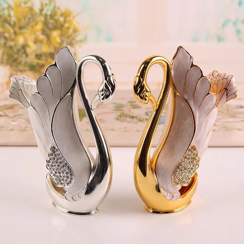 Stainless Steel Gold Creative Dinnerware Set Decorative Swan Base Holder with 6 Forks or 6 Spoons for Coffee Fruit Dessert