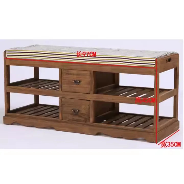 Rustic Wooden Shoe Bench With Cushion and Drawers Solid Wood Shoe Bench
