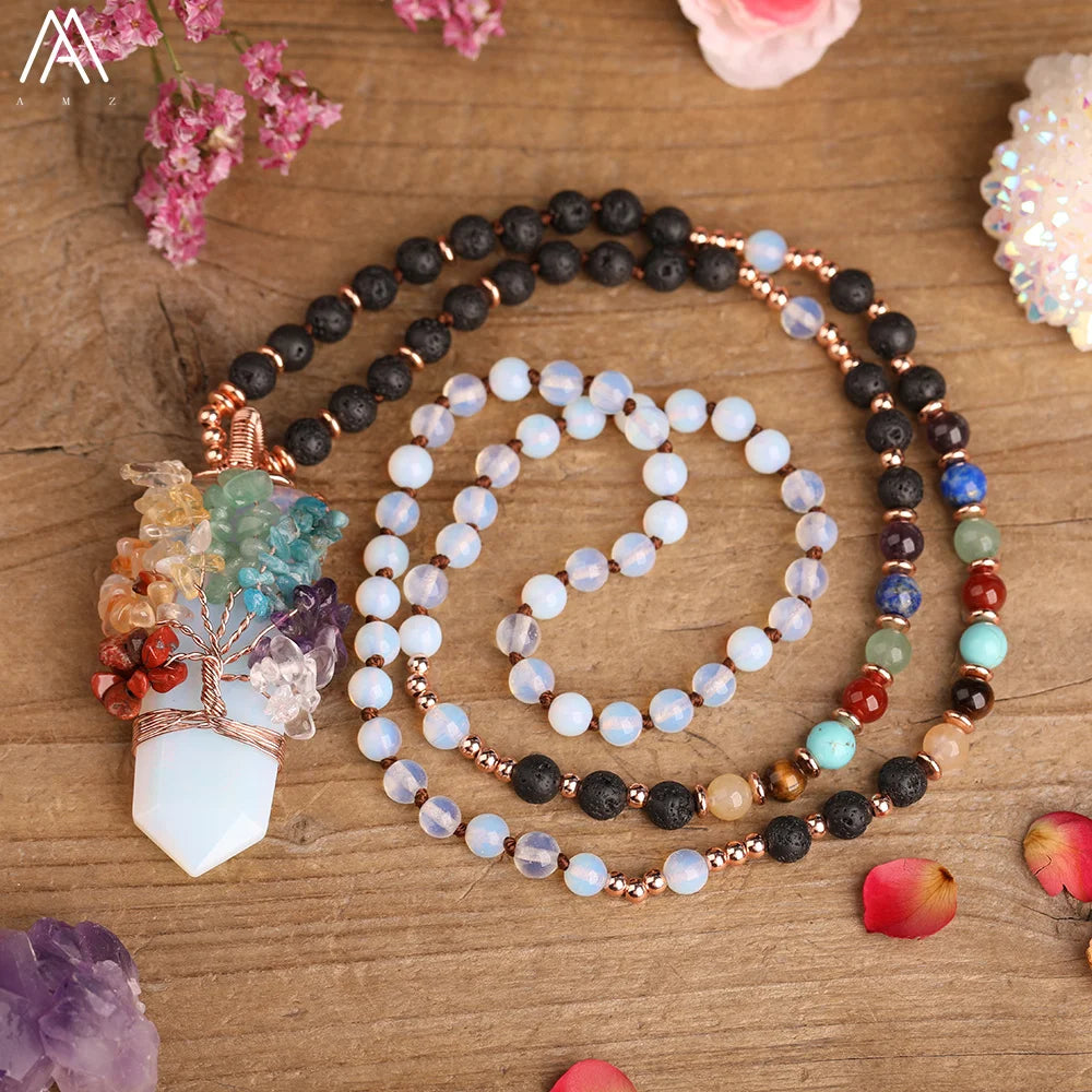 Tree of Life Necklace  Natural Gemstone Healing Point Crystal Pendant Necklaces Reiki Chakra Yoga Jewelry