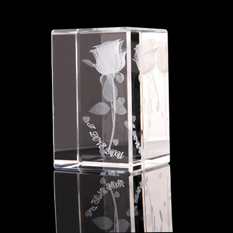 Shining Pujiang Factory K9 Crystal Rose Flower Laser Engraved Crystal Block 3d Laser Engraving Crystal Cube