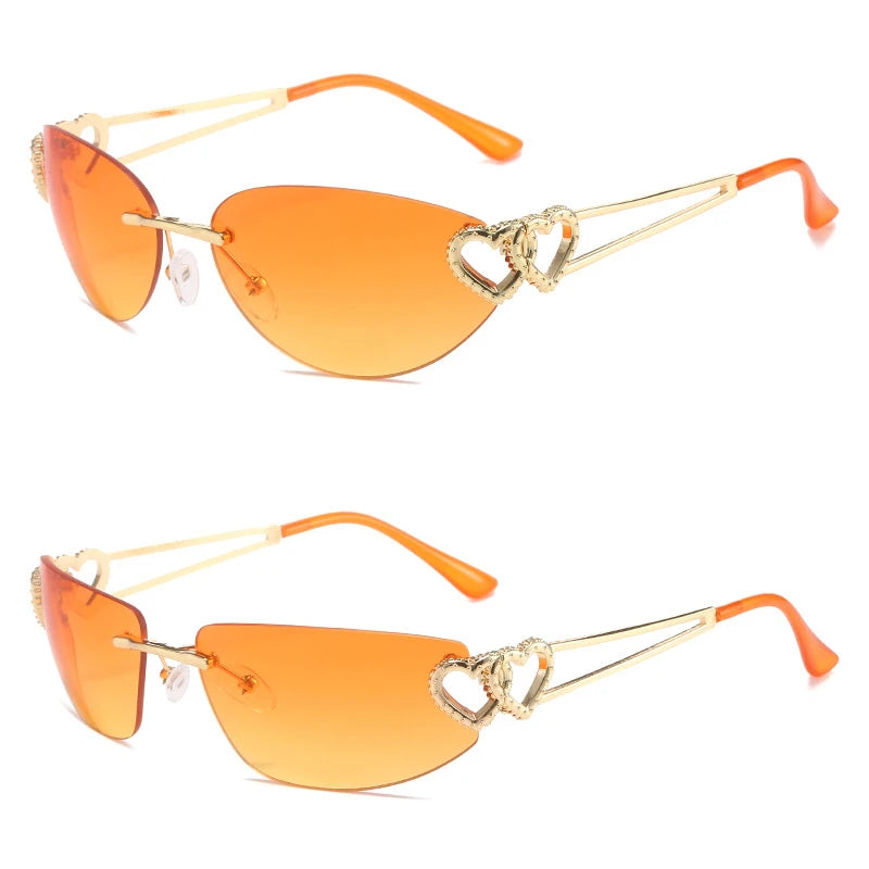 3594 Wholesale Customized logo Heart Shades Small Y2K Rimless Metal Wholesale Orange Lens Sunglasses Unisex 2023
