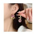 Wholesale 925 Silver Needle Asymmetric Flower Earrings Sweet Cute Gold Colors Leaf Pink Rose Flower Drop Earrings for Women