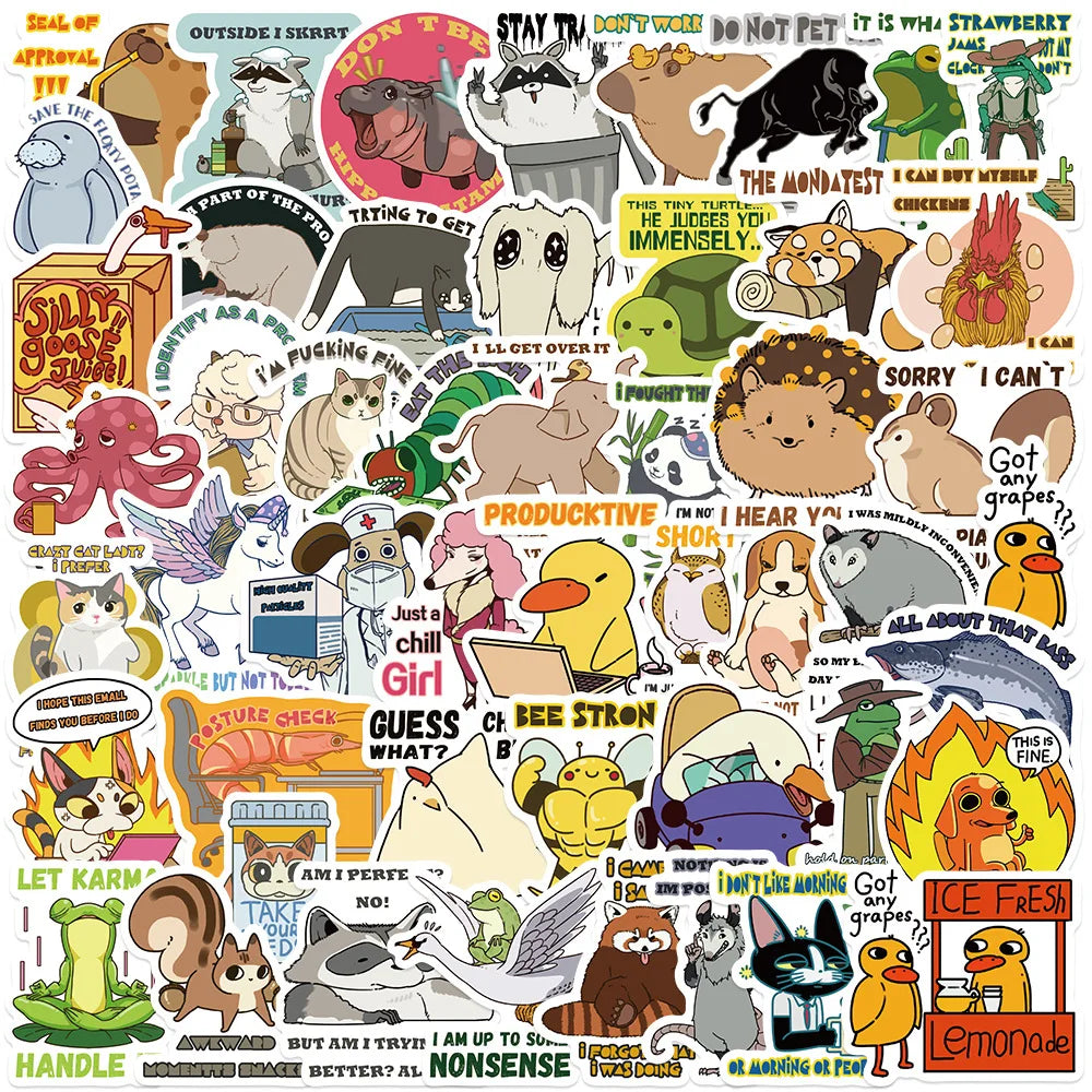 50Pcs Creative Animals English Phrases Graffiti Stickers for Laptop Bottle Decor Funny Words Sticker