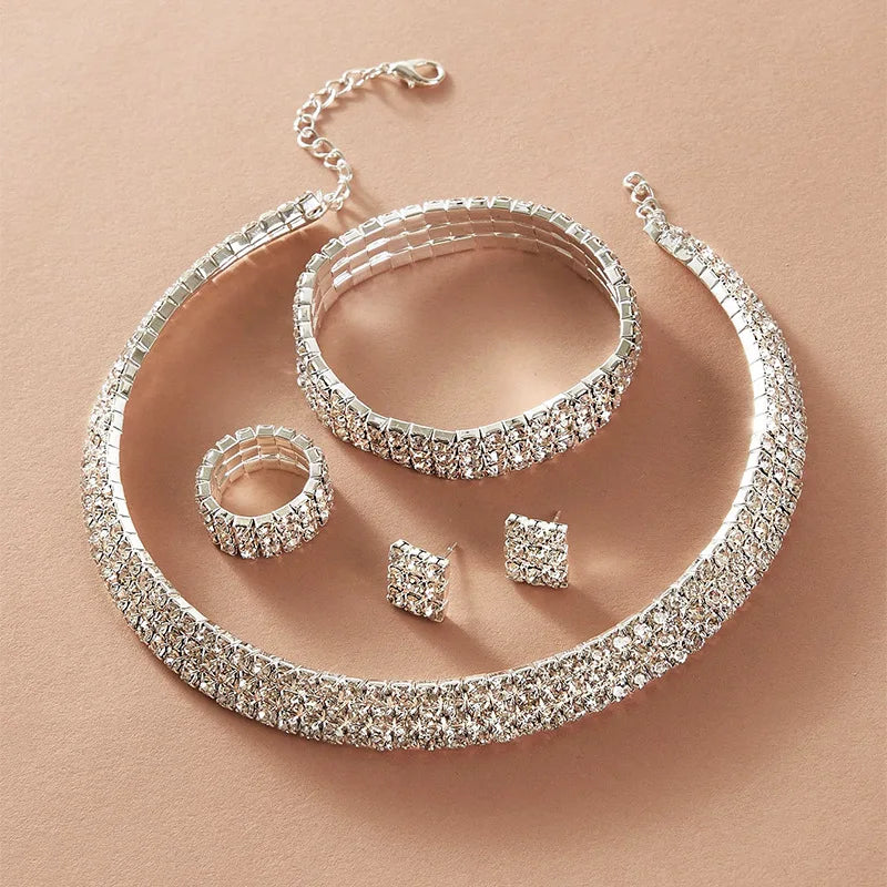 Bridal Jewelry Full Diamond Necklace Earring Ring Bracelet 5pcs Rhinestone Jewelry Set for Women Girls