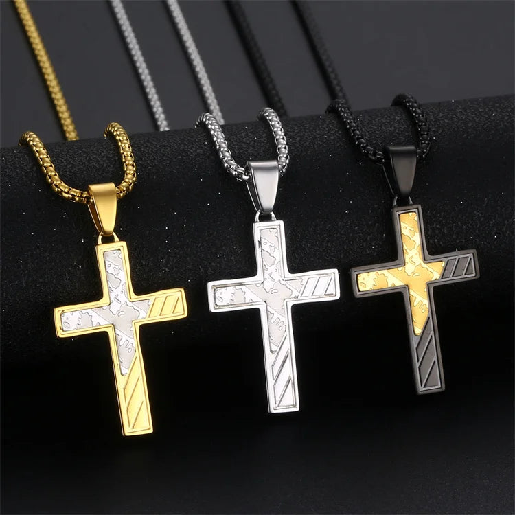 Men's Fashion Brush Engraved Titanium Steel Cross Necklace for Men