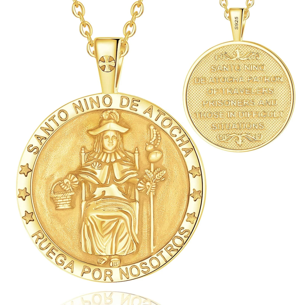 925 Sterling Silver 18K Gold Plated Santo Nimo De Atocha Spiritual Jewelry Symbolic Pendant Necklace for Women or Men MegaBDM
