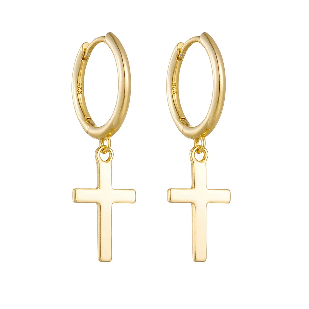 Aretes Por Mayor Fashion Hip Hop Punk Style S925 Sterling Silver Gold Plated Personality Cross Charm Hoop Earrings for Women Men