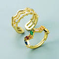 Wholesale Female Alloy Brass Fine Gold Plated Red Big Cz Zircon Wave Charm Open Cuff Resizable Finger Ring Jewelry