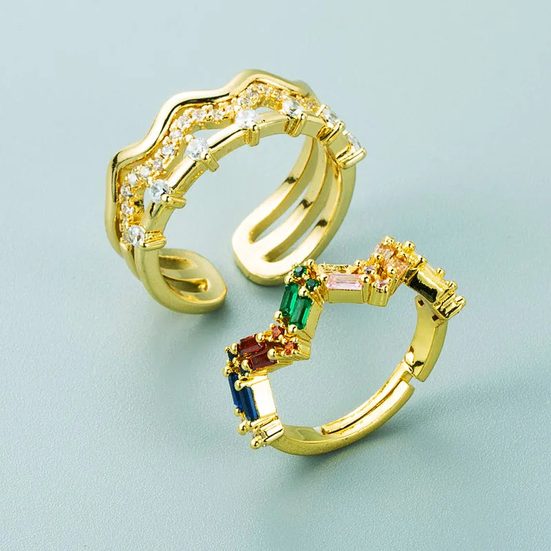 Wholesale Female Alloy Brass Fine Gold Plated Red Big Cz Zircon Wave Charm Open Cuff Resizable Finger Ring Jewelry