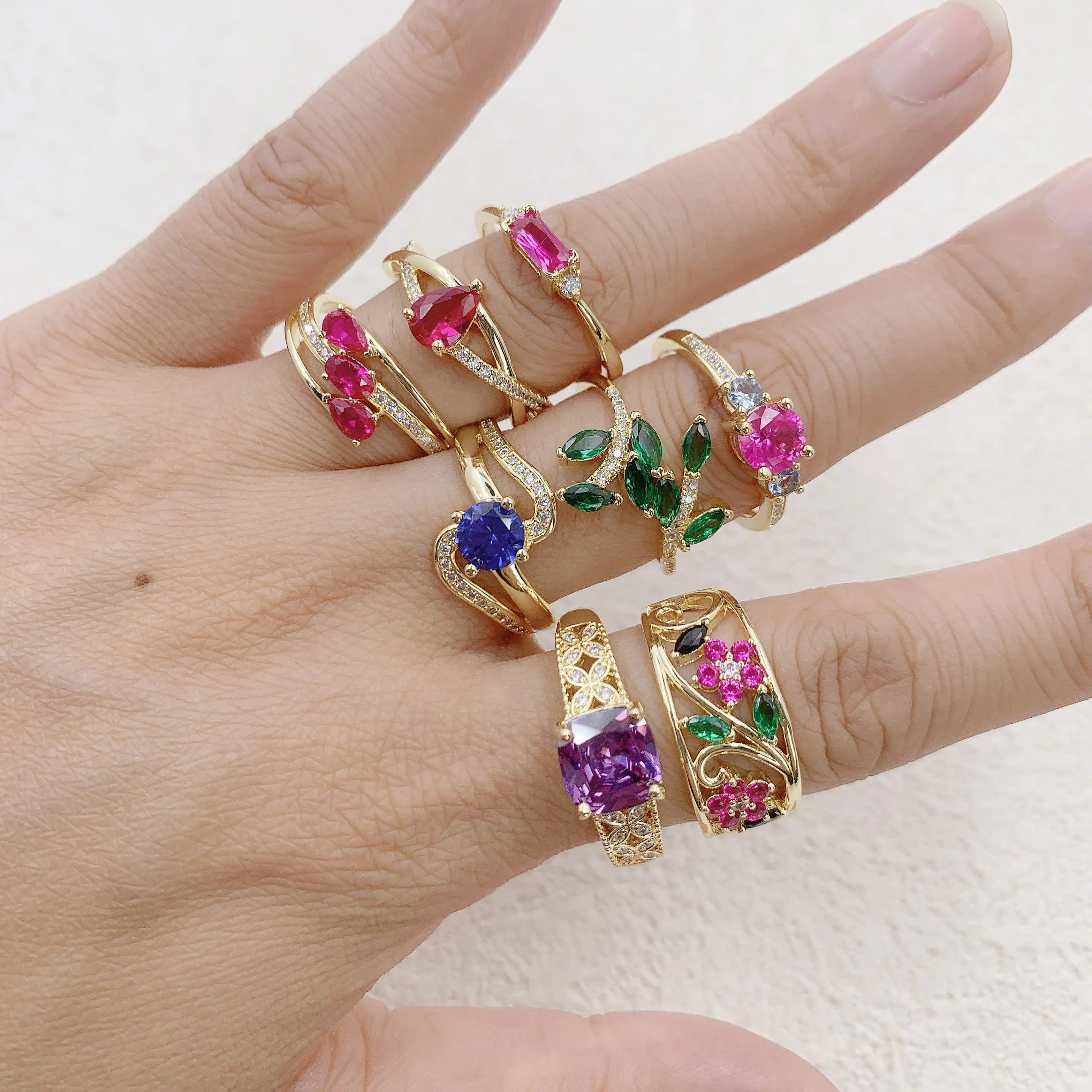 Daidan Fine Jewelry Rings Silver Eternity Ring 14K Plated Sterling Silver Purple Red Cubic Zirconia Colored Leaf Flowers Ring
