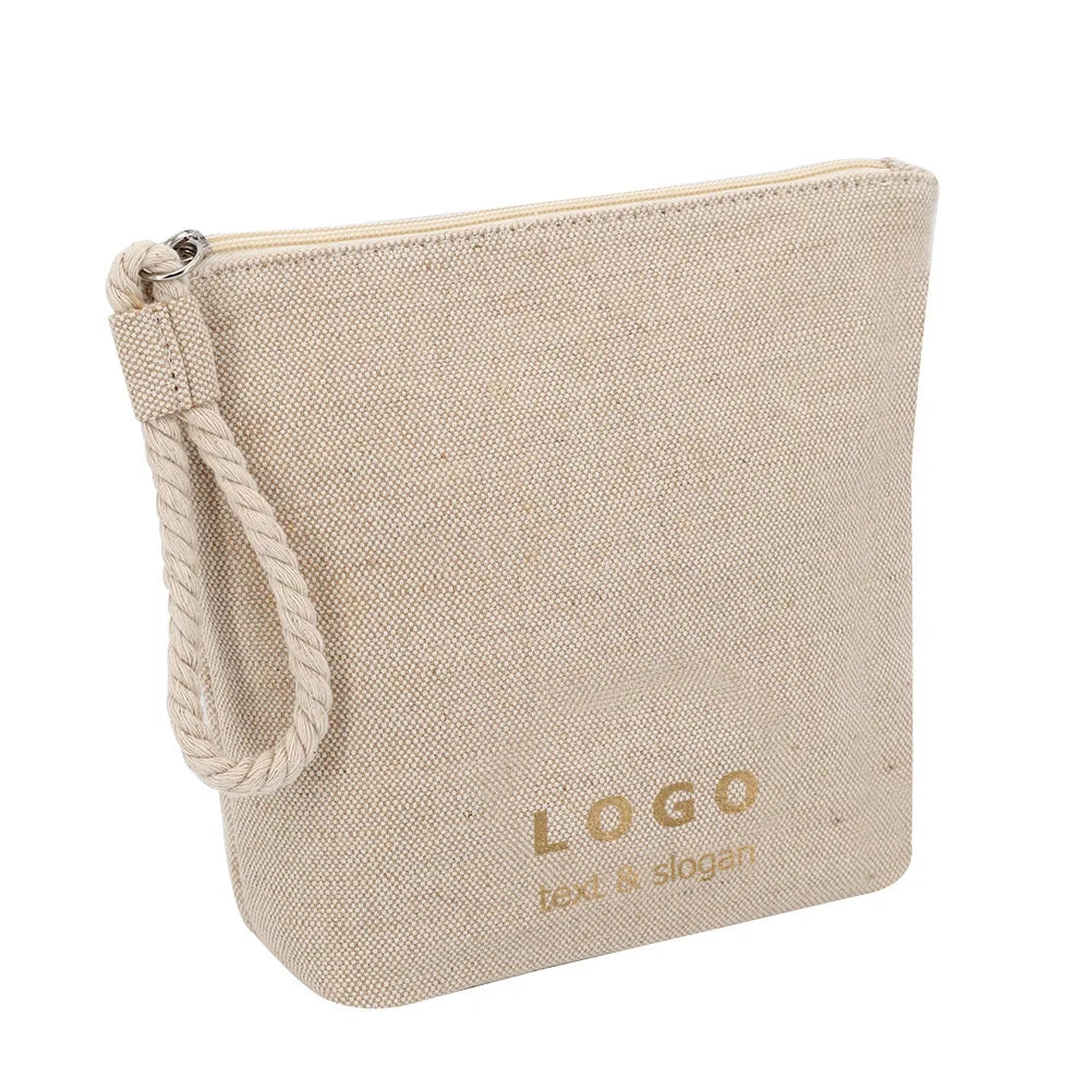 Natural Bowl Shape Cotton Jute Canvas Makeup Skin Care Toiletry Bag with Cotton Rope Wrist Strip Logo Custom Professional Gift
