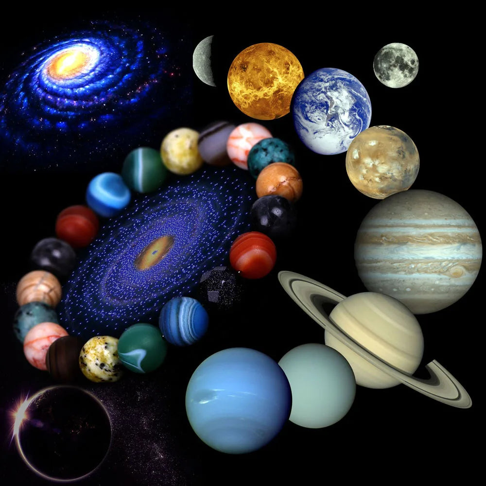 Natural 10mm Universe Gem-stone Solar System galaxy Eight Planets Agate Beads Charm Bracelet Elastic Cord Bracelets Jewelry Men