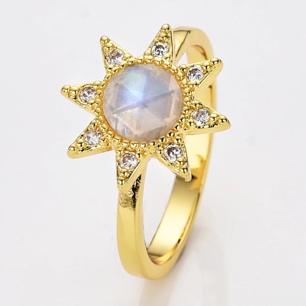 Gold Plated rainbow Moonstone Natural Stone Ring Women S925 Sterling Silver Ring