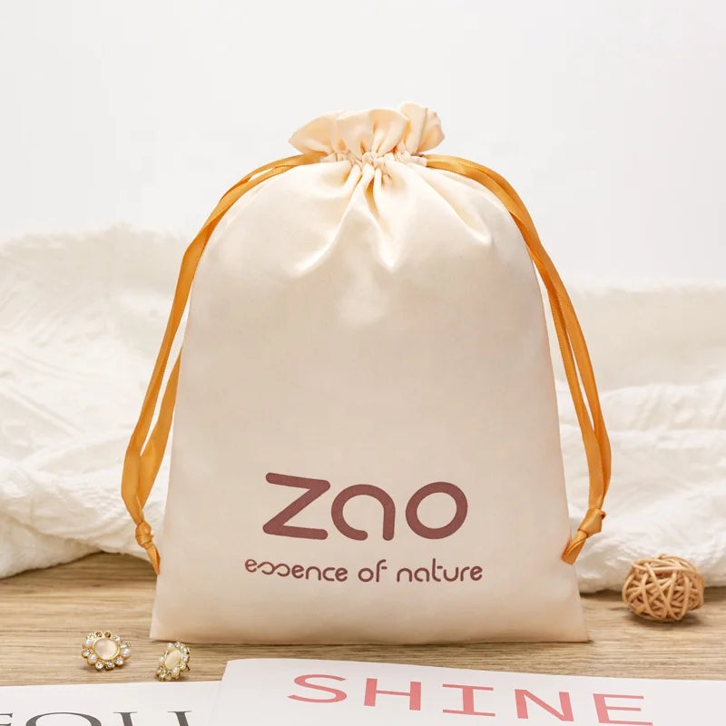 Environmental Soft Wholesale Gift Silk Satin Drawstring Pouch Hair Extension Packaging  Satin Bag With Customized Logo