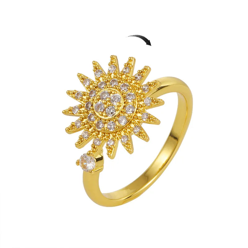 Hot Selling Adjustable Flower Ring Spinner Fidget Ring Rotatable Zircon Sunflower Ring for Women