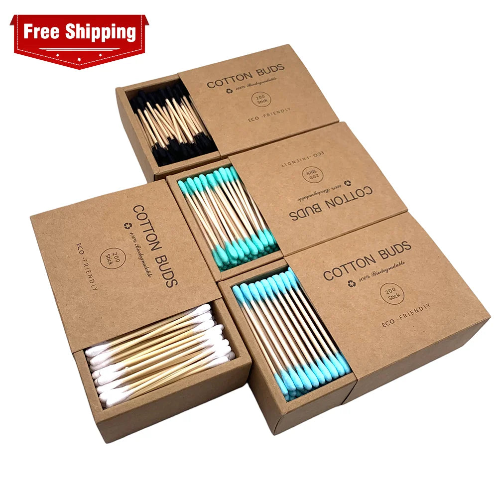 Free Shipping 200Pcs Color Mix Bamboo Cotton Double Head Adults Makeup Cotton Swab Microbrush Wood Sticks