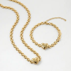 QIAOREN 11626 Tarnish Free 18K Gold Stainless Steel Embossed Heart Jewelry Set Chunky Chain Necklace Bracelet