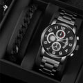2Pcs/Set Men Casual Simple Business Three-eye Digital Pointer Steel Band Quartz Watch With Bracelet Watch Bracelet Set Male Gift