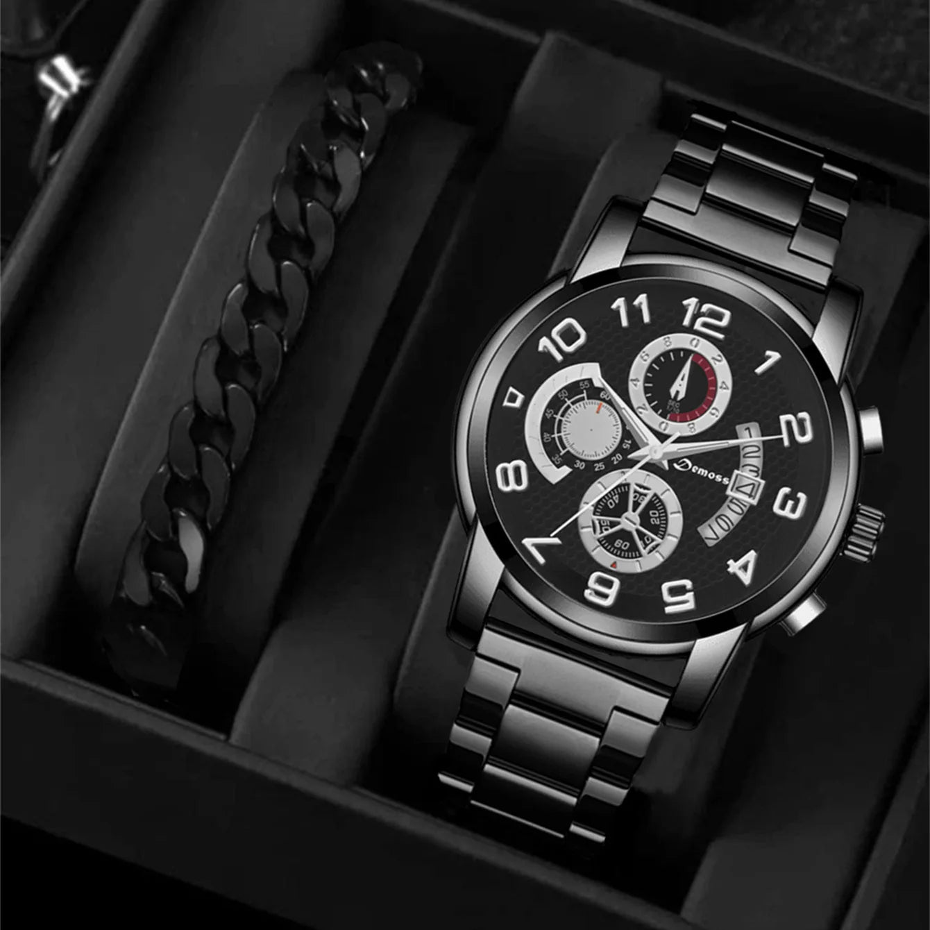 2Pcs/Set Men Casual Simple Business Three-eye Digital Pointer Steel Band Quartz Watch With Bracelet Watch Bracelet Set Male Gift