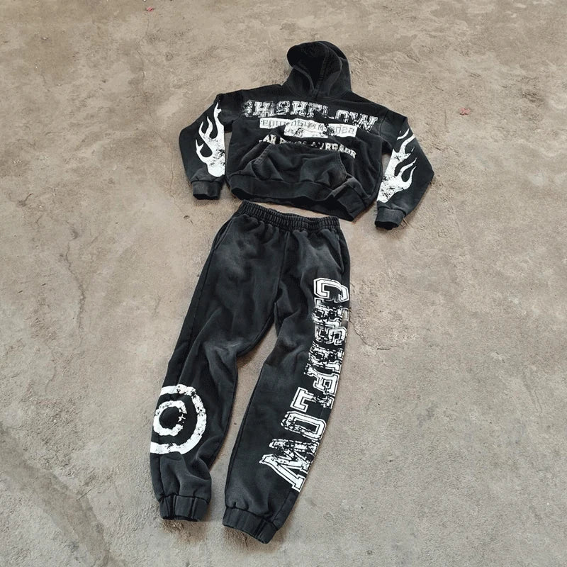 Custom Logo Cropped Hoodies Applique Embroidered Patches Jogging Sweatsuits Acid Wash Tracksuits Jogger Sweatpants Men Set