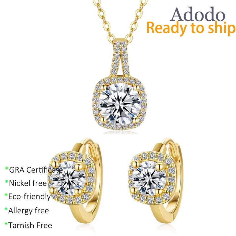 Adodo Custom Factory Jewelry Set 18k Gold Plated Fashion Classical S925 Silver 1ct Moissanite Necklace Earrings Set for Women