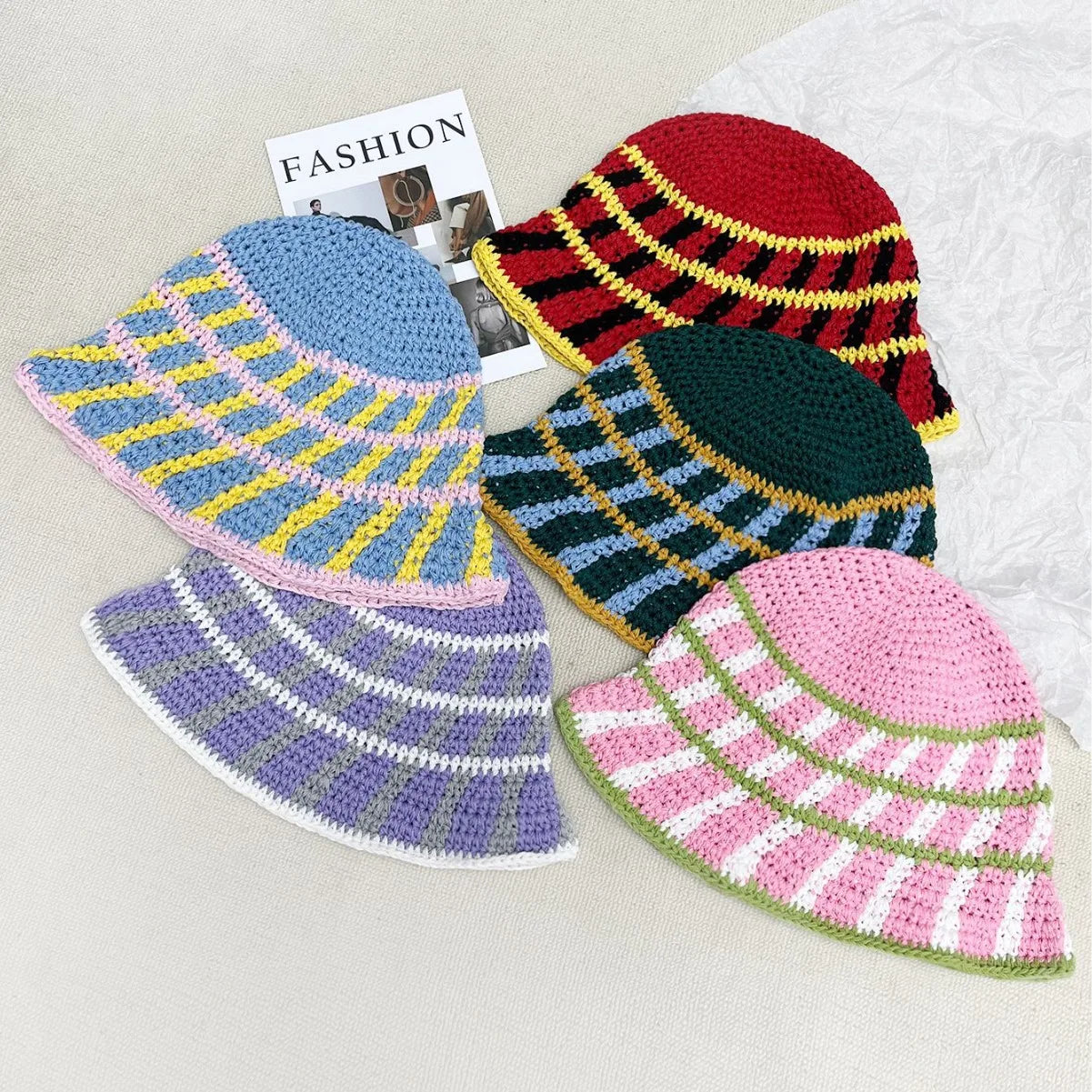 New Arrival Summer Fashion Hand-Folded Beach Sun Hat Knitted Crochet Bucket Hats Outdoor Lightweight Sunshade Hat