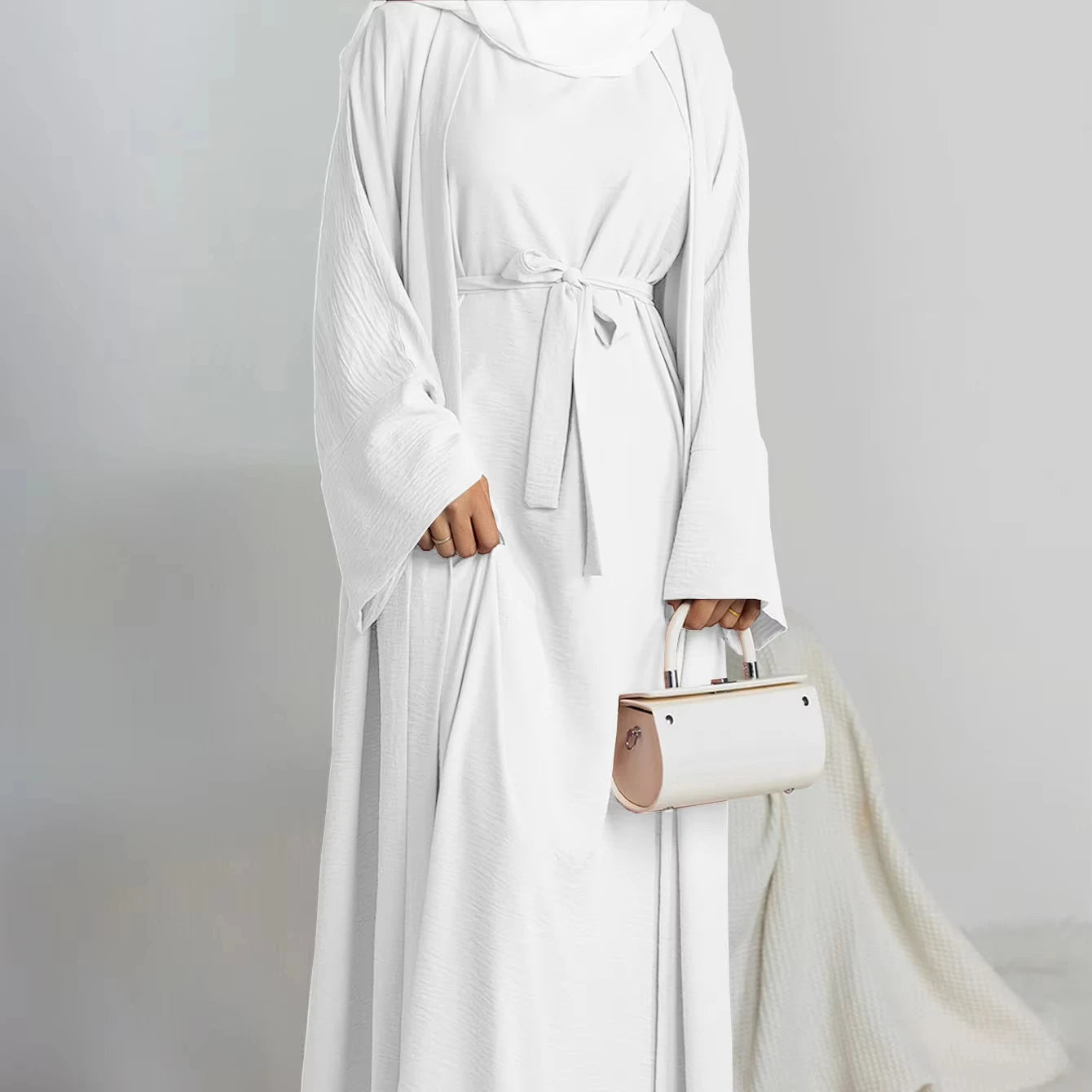 Kimono Hot Selling Traditional Muslim Clothing Ladies Abaya Set Wrinkle Polyester 2pc Abaya Dubai Women Modest Dresses2024