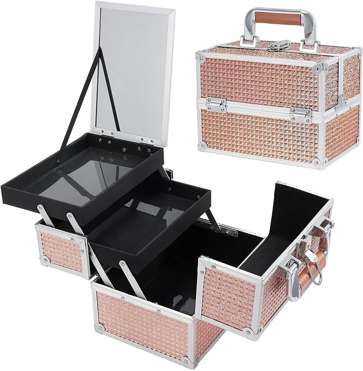 Large Travel Cosmetic Organizer with Portable Handle and Lock Professional Makeup Train Case with Mirror for Girls