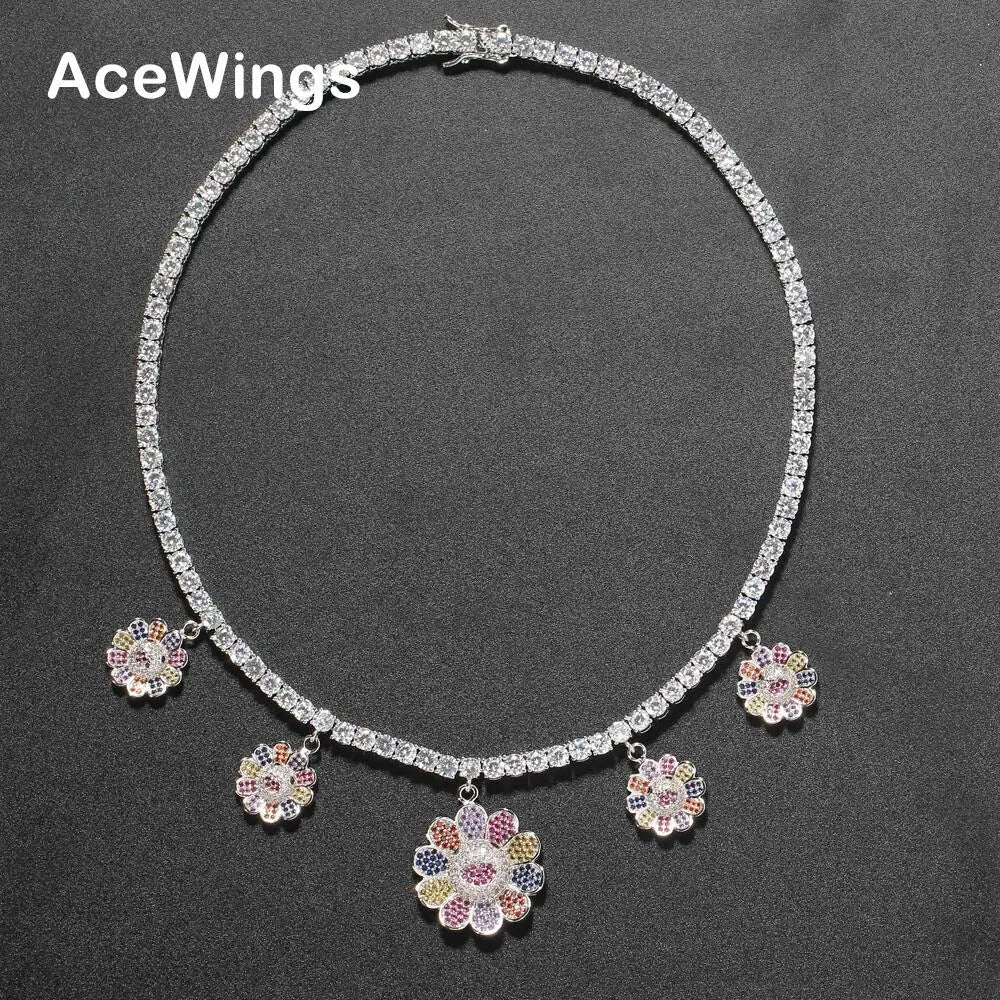 BC116  4mm 16" 18"  5 Sunflower Charms Brass Setting Zircon Tennis Chain Necklace Iced Out Cubic Zircon Bling Bling