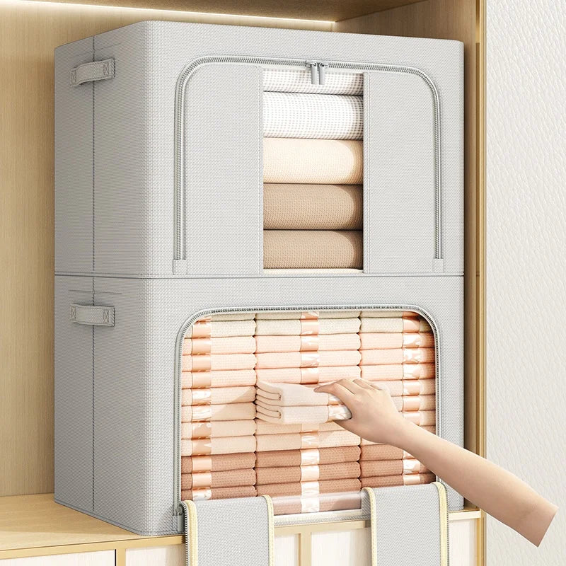 Factory 24L 66L Foldable Storage Box Clothes Blanket Closet Sweater Organizer Bag Steel Frame Linen Cloth Storage Organizer