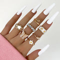 Wholesale 8pcs Vintage Lady Adjustable Rings Jewelry Set Women Bohemia Bar Hollow Heart Bowknot Gold & Pearl Alloy Ring