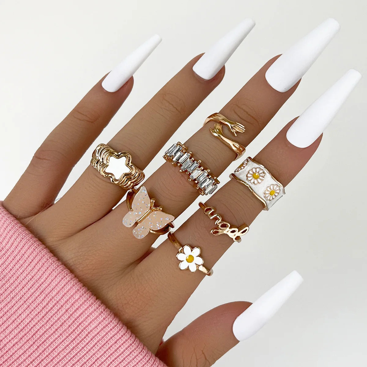 Wholesale 8pcs Vintage Lady Adjustable Rings Jewelry Set Women Bohemia Bar Hollow Heart Bowknot Gold & Pearl Alloy Ring