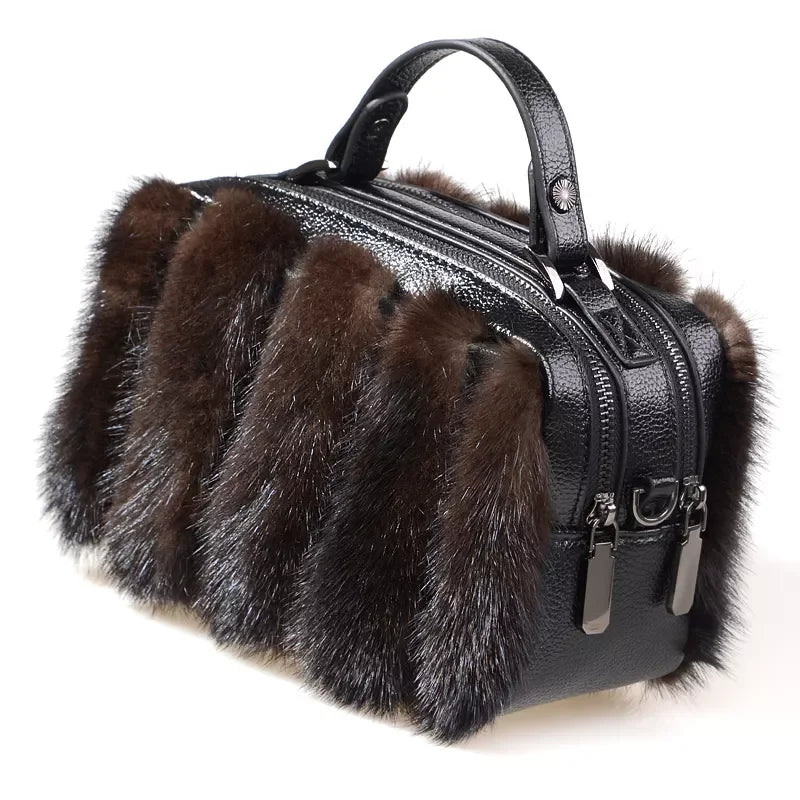MWFur Mink Fur Handbag Fur Female Ladies Purse Fashion Shoulder Bag Double Zipper Square Casual Mink Fur Bag