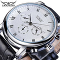 Jaragar Elegant White Men Mechanical Watch Automatic 3 Dial Calendar Business Dress Genuine Leather Band Wristwatch Reloj Hombre