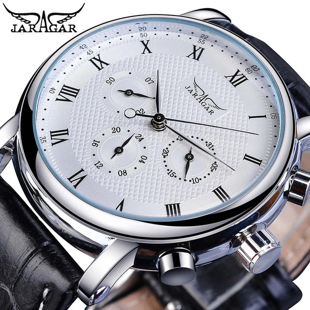 Jaragar Elegant White Men Mechanical Watch Automatic 3 Dial Calendar Business Dress Genuine Leather Band Wristwatch Reloj Hombre