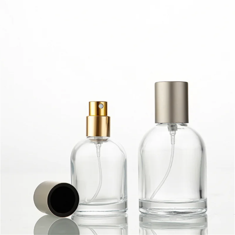 Fine Mist Empty 30ml 50ml 100ml Glass Crimp Top Clear Screen Printed Fragrance Perfume Spray Bottle with Silver Cover Carton
