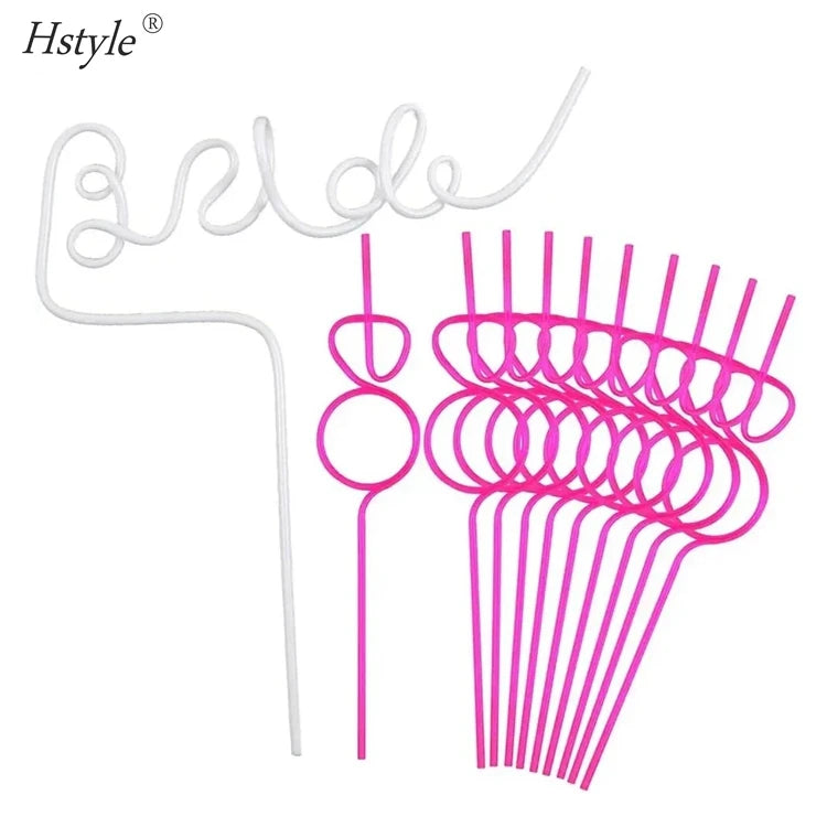 Bachelorette Party Decorations Straws Bridal Shower Supplies - White Large Bride + Pink Diamond Ring Straws Set 11 Pieces  SC056