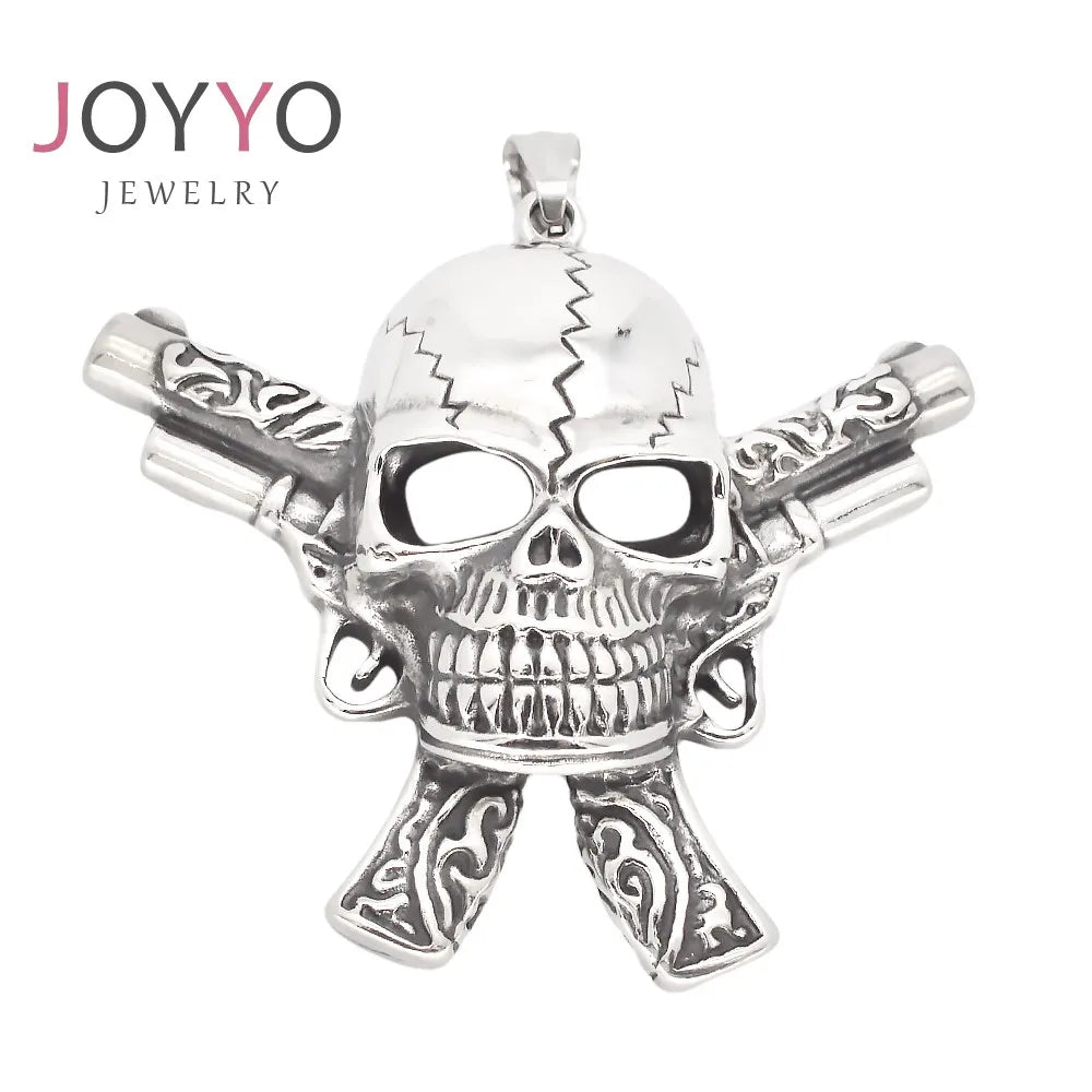 Hip Hop Biker Jewelry Punk Style Stainless Steel Double Gun Skull Necklace Pirate Pendant for Men