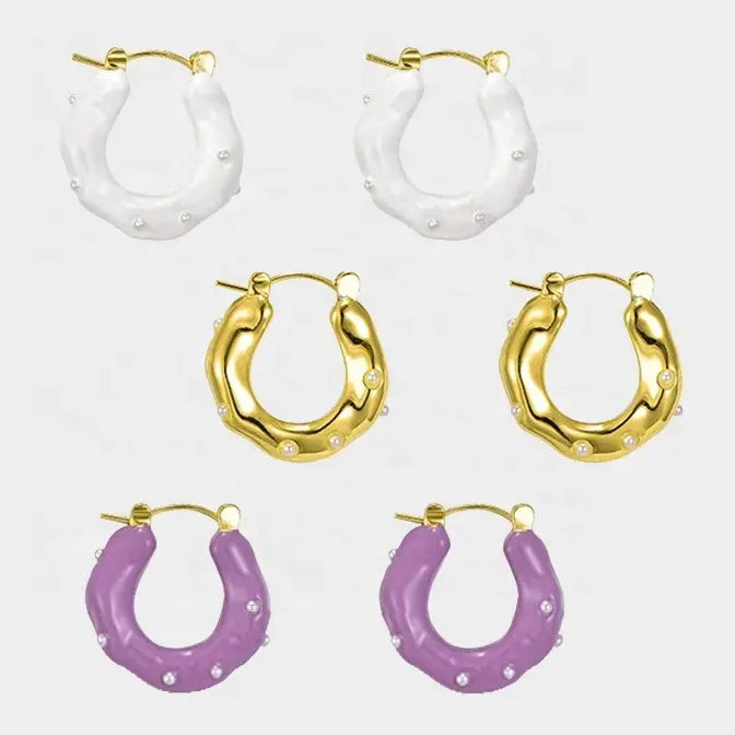 Fashion Ins Pop Unique Gold Plated Hoop Enamel Drip Enamel Small Pearls Earrings