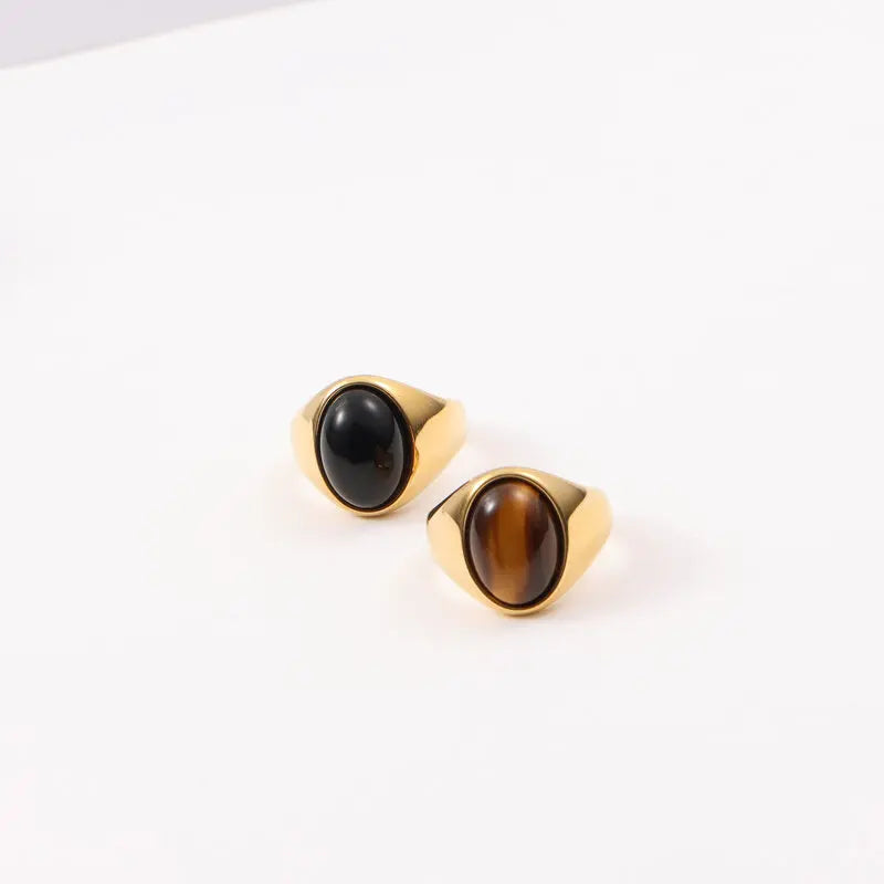 Fenny 18K Gold Plated Wholesale Classic Retro Tiger Stone Black Agate Stainless Steel Finger Ring Trend for Women