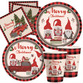 PAFU Christmas Disposable Party Tableware Set Buffalo Plaid Gnome Merry Christmas Paper Plates Cups Nakins