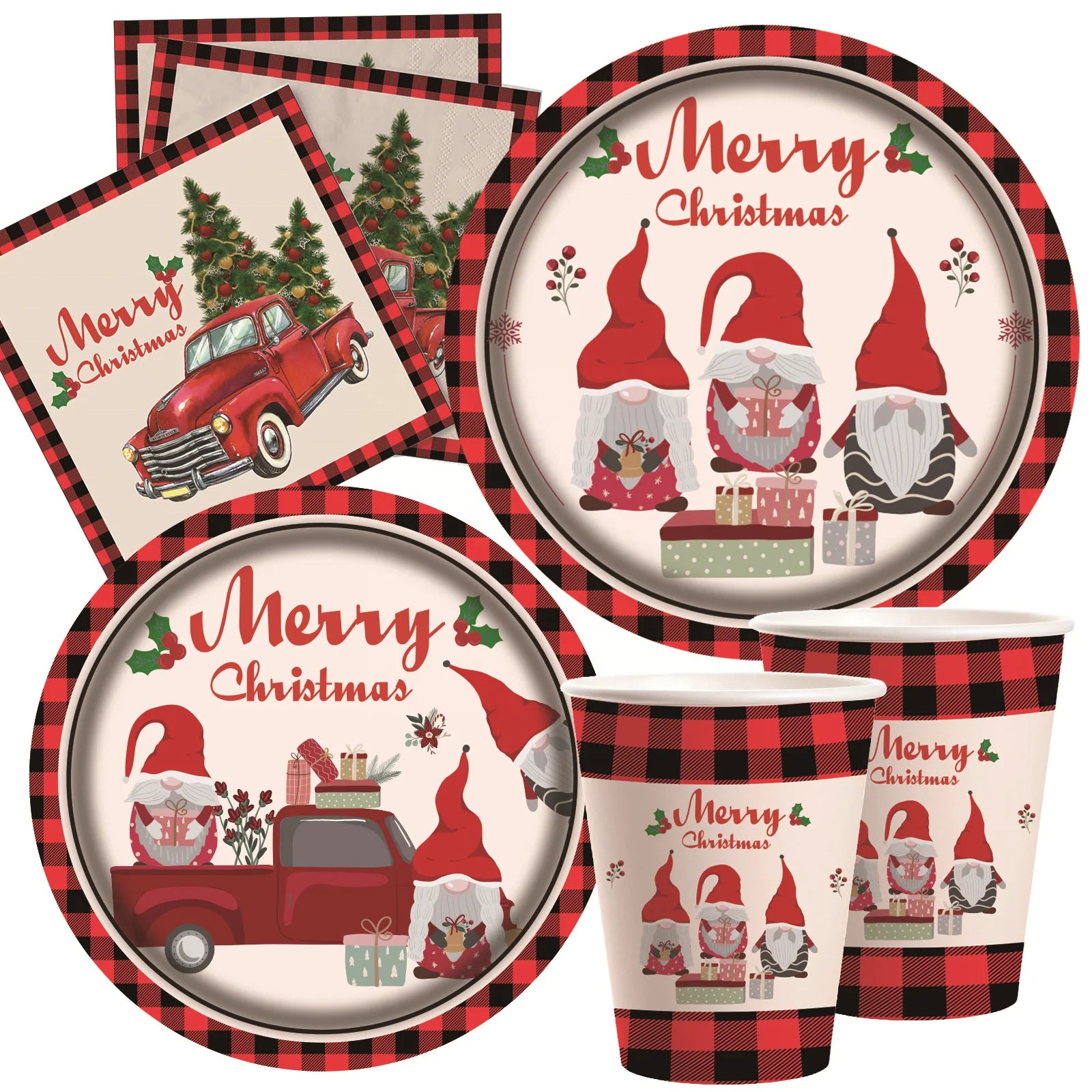 PAFU Christmas Disposable Party Tableware Set Buffalo Plaid Gnome Merry Christmas Paper Plates Cups Nakins