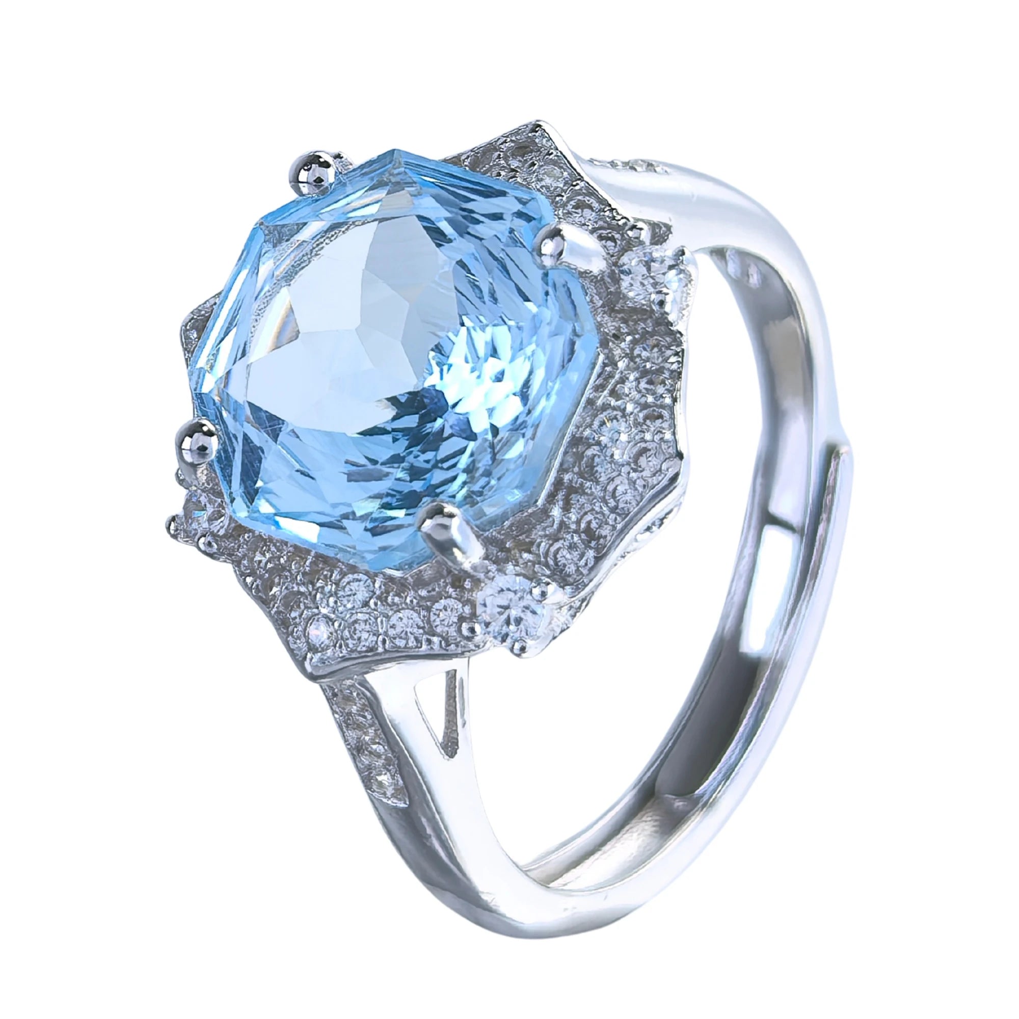 Factory Wholesale Rhodium Plated 925 Sterling Silver Rose Cut Natural Sky Blue Topaz Ring for Women Gift Party Wear