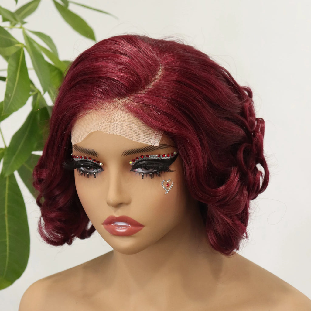 Wholesale Pixie Cut Lace Closure Wig 4x4 Human Hair Short Bob Wig 99J Red Color Bouncy Curls Pixie Wigs for Black Women