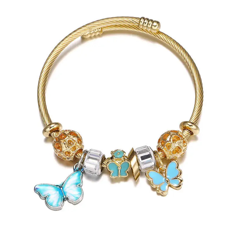 Open Stainless Steel Bracelet Gold pink Gradient butterfly Pendant Bracelet Fashionable Jewelry Accessories