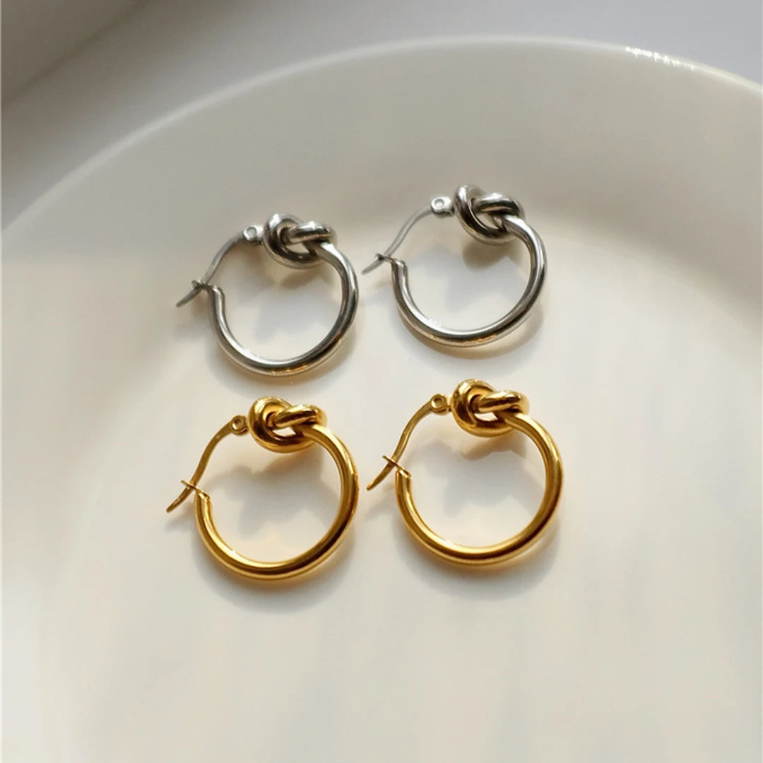 18K Gold Plated Knotted Earrings Circle Geometric Small Hoop Earrings for Women French Plain Minimalist Stainless Steel Jewelry