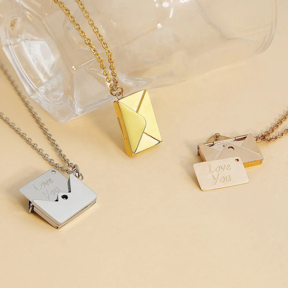 Isunni Trendy Envelope Shaped Gold Color Stainless Steel Pendant Necklace Jewelry for Women Gift