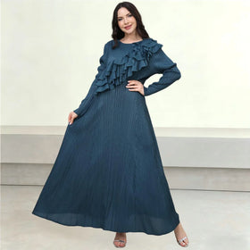 Miyake Women's Dark Blue Pleated Luxury O-Neck Evening Dress Long Soft Tiered Ruffle Modest Dresses for Church With Long Sleeves